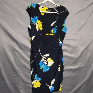 Lauren Ralph Lauren Dress Womens 12 Blue Floral Ruched Sheath V Neck Knee Length